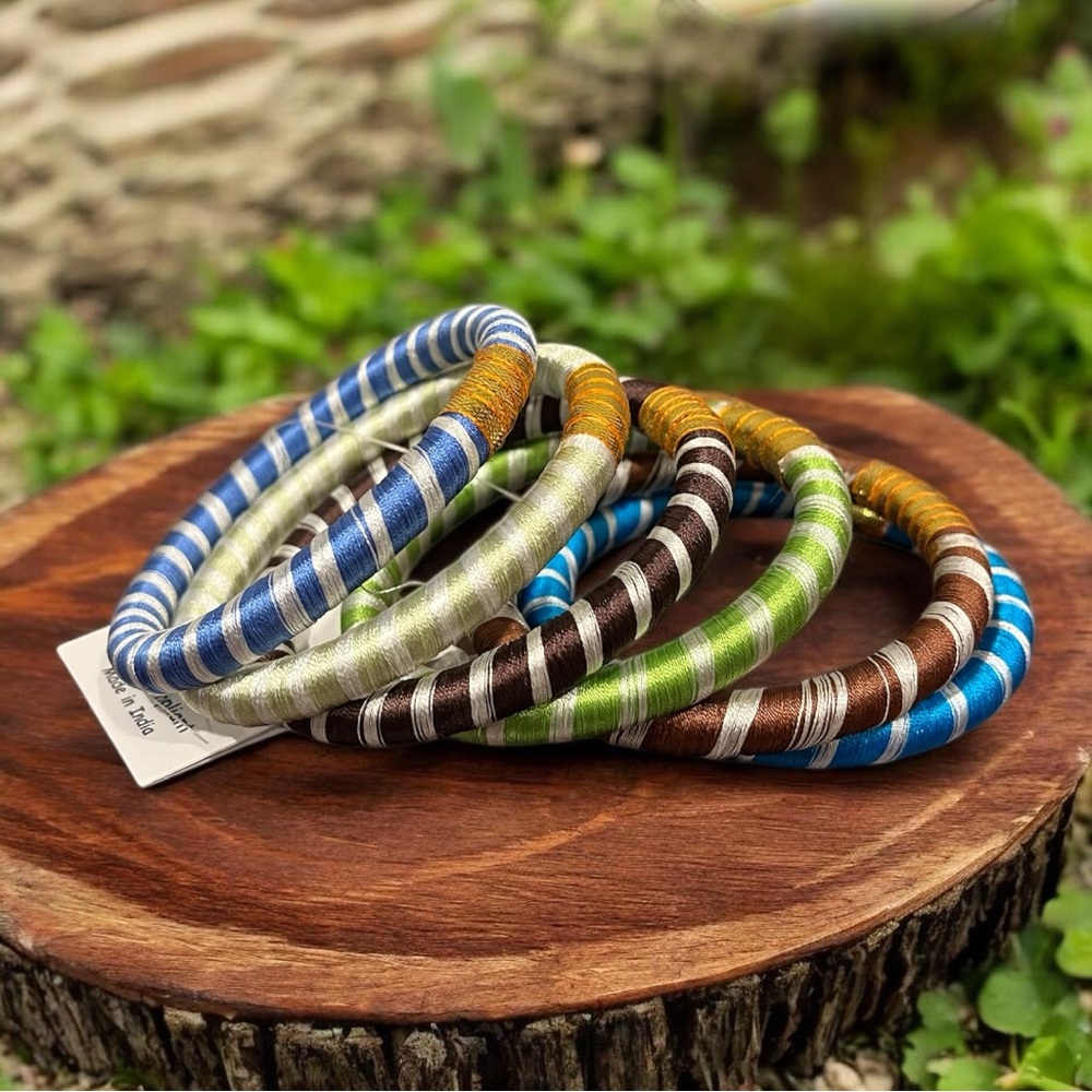 Stacked Multicolor Striped Beaded Bracelets - Blue, Green, Brown & Gold - Picture 5 of 5
